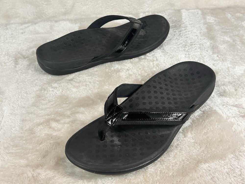 Vionic Sandals Women’s Sz 10 Tide II Orthotic Flip Flops Black Patentd